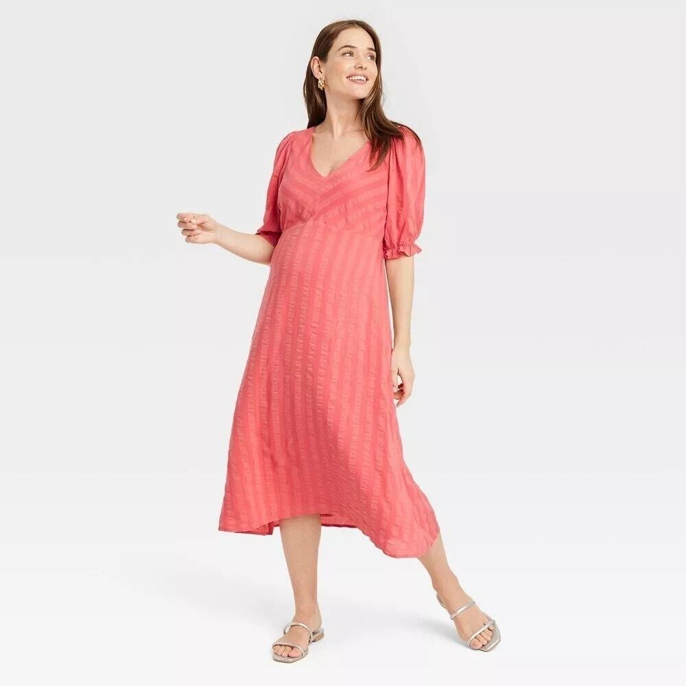 NWT The Nines by HATCH Women's Elbow Sleeve Tonal Stripe Midi Dress Red Size S